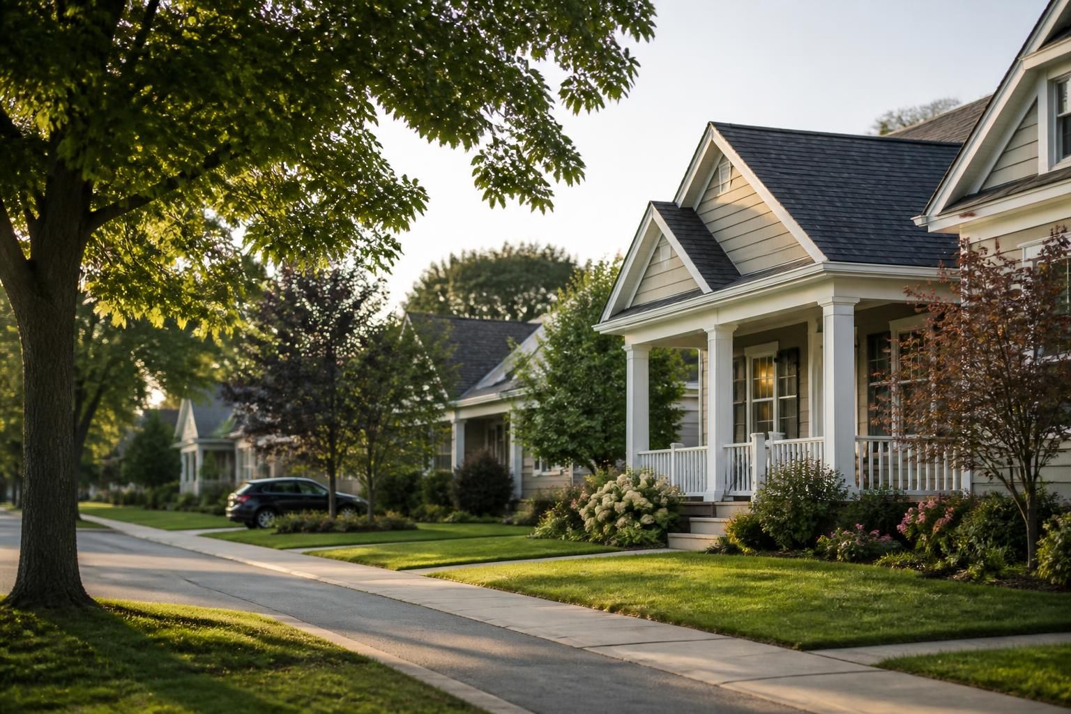 Clean residential neighborhood with tidy houses and a warm suburban feel.