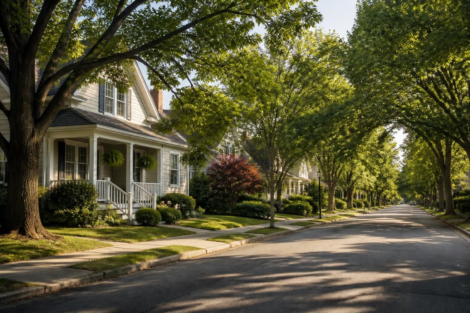 Tidy small-town street with homes and mature trees in soft daylight.