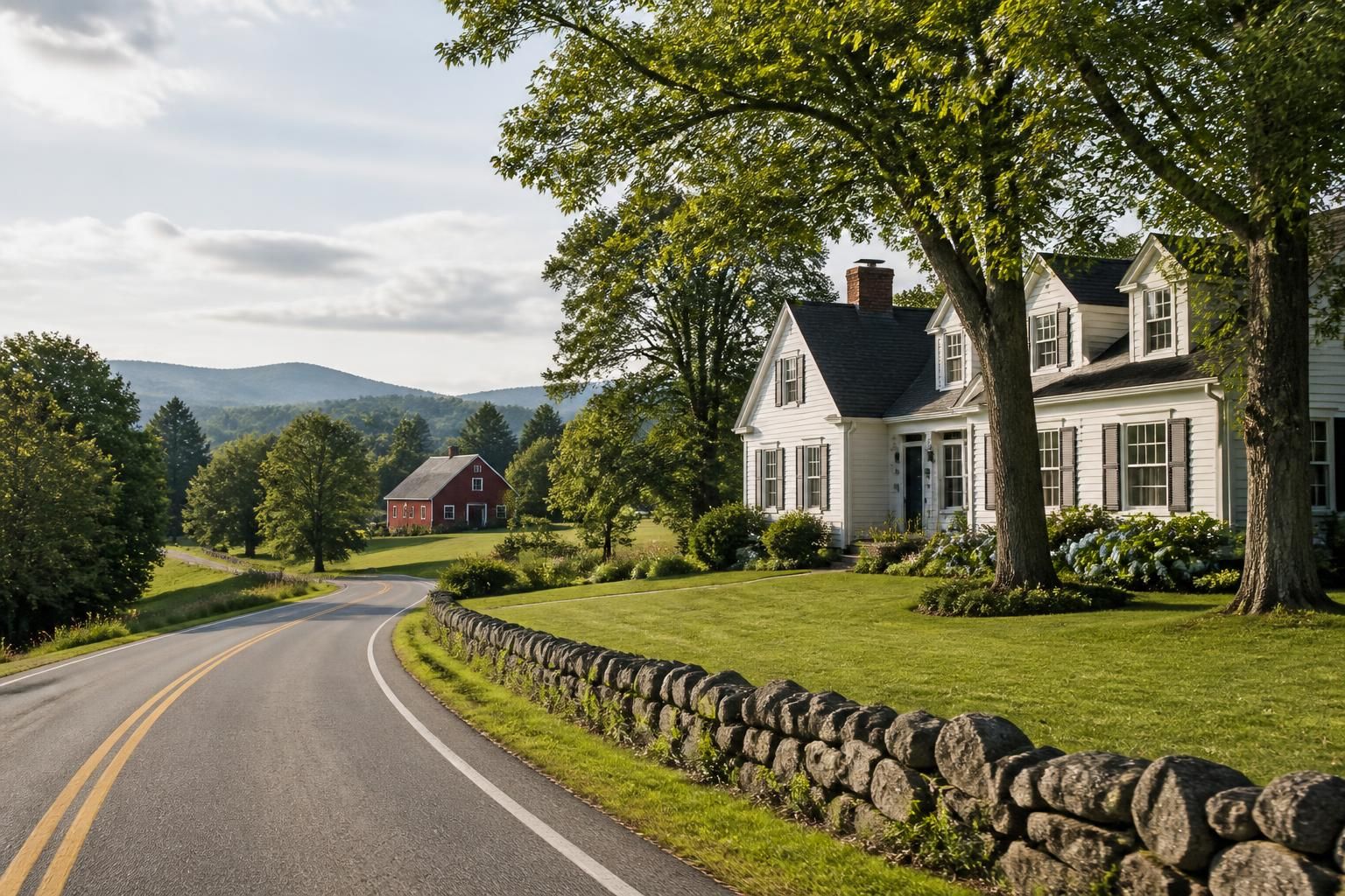Tidy homes and open green space along a quiet roadside.