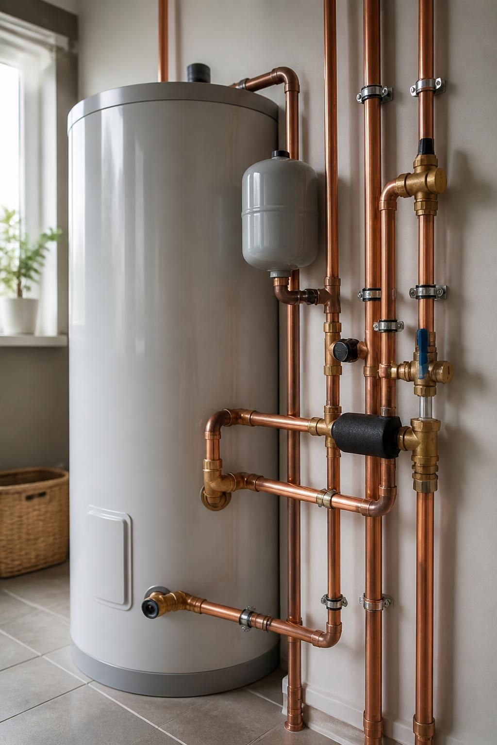 Finished plumbing installation with clean pipework and a tidy water heater setup.