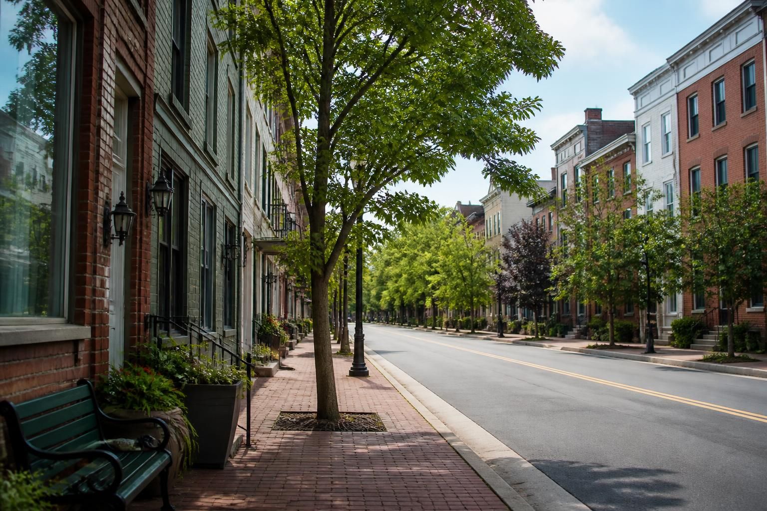 Quiet main-street area with tidy buildings and a calm local feel.