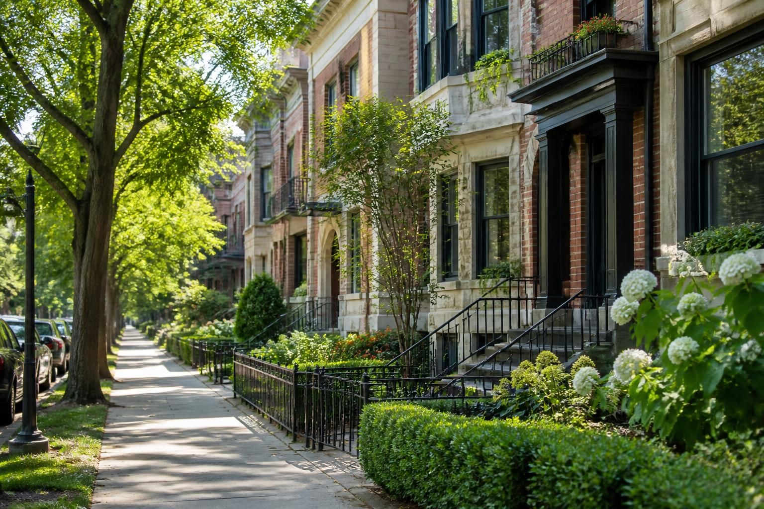 Attractive urban neighborhood with leafy streets in soft daylight.