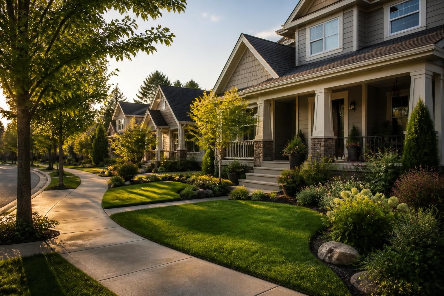 Attractive neighborhood homes with green landscaping in soft light.