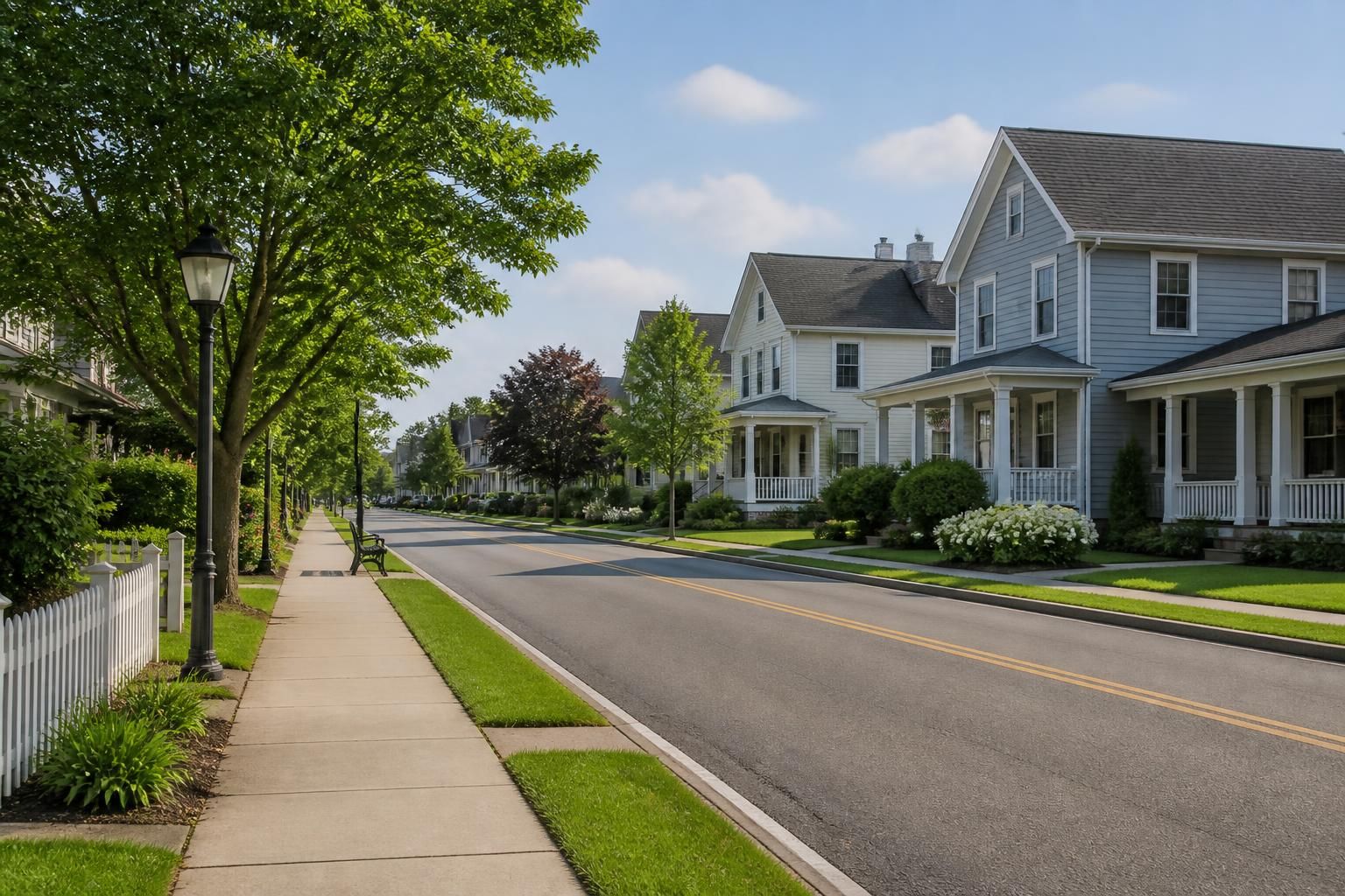 Peaceful small-town street with tidy homes and open sidewalks.