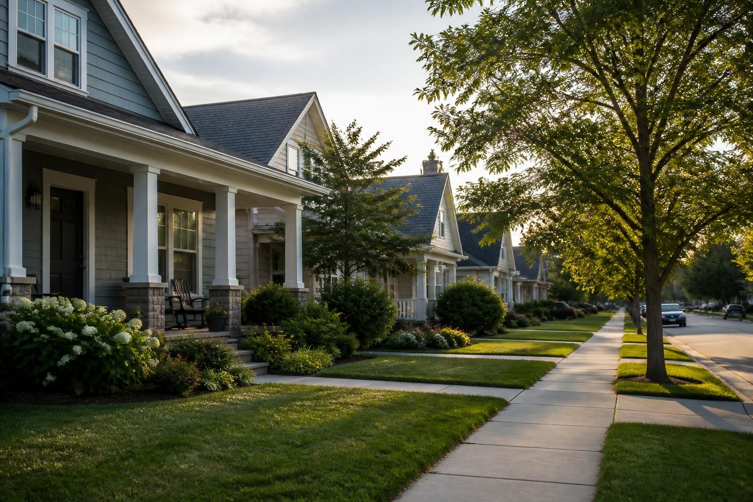 Well-kept suburban homes with neat lawns in soft natural light.