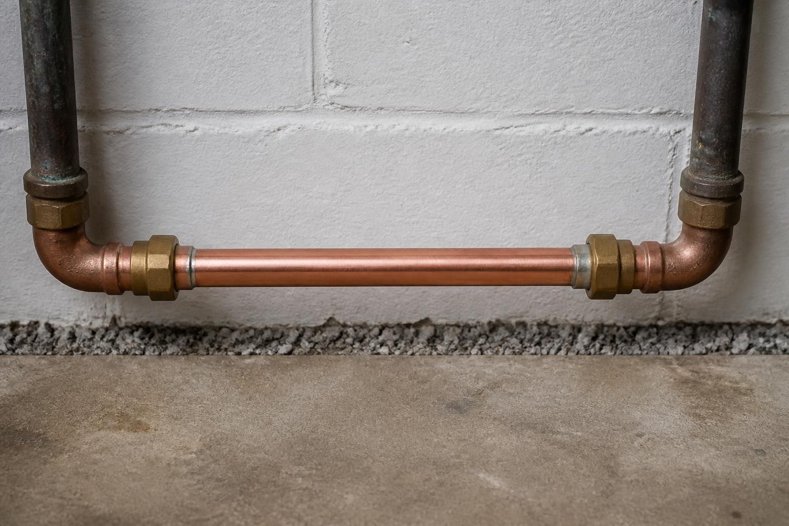 Repaired pipe section with clean fittings in a tidy utility area.