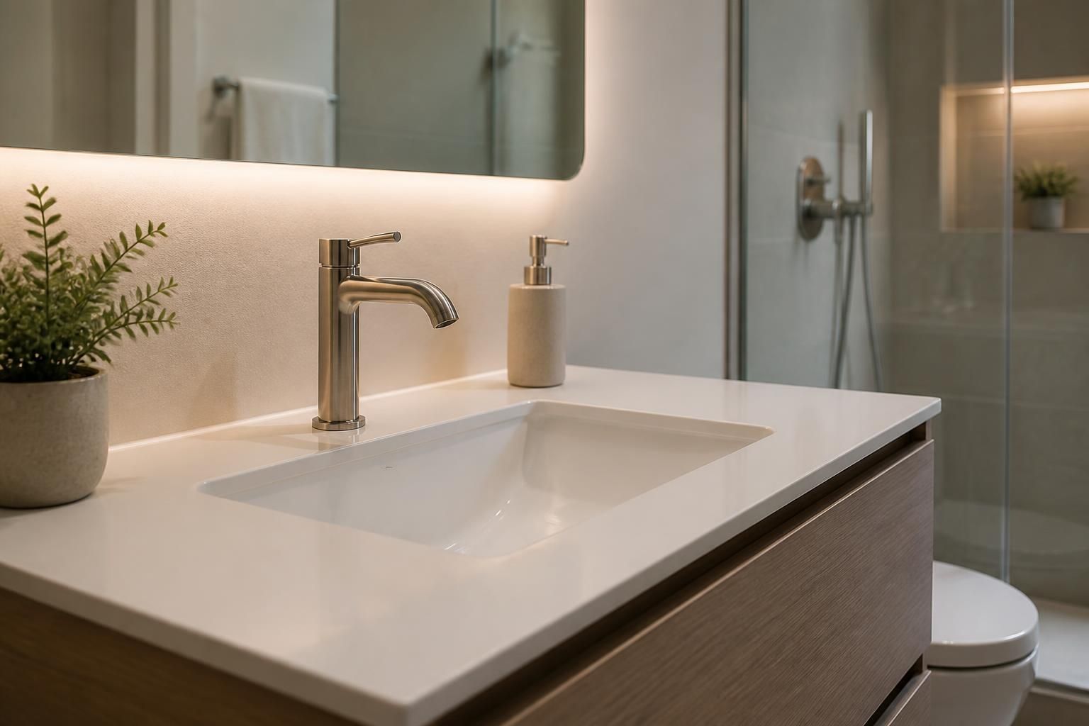 Modern bathroom with clean sink and neatly installed plumbing fixtures.