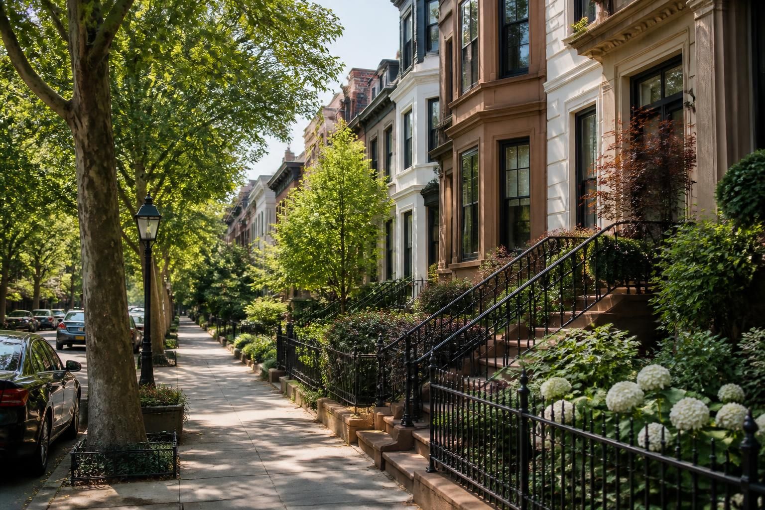 Tree-lined city neighborhood with classic homes in soft daylight.