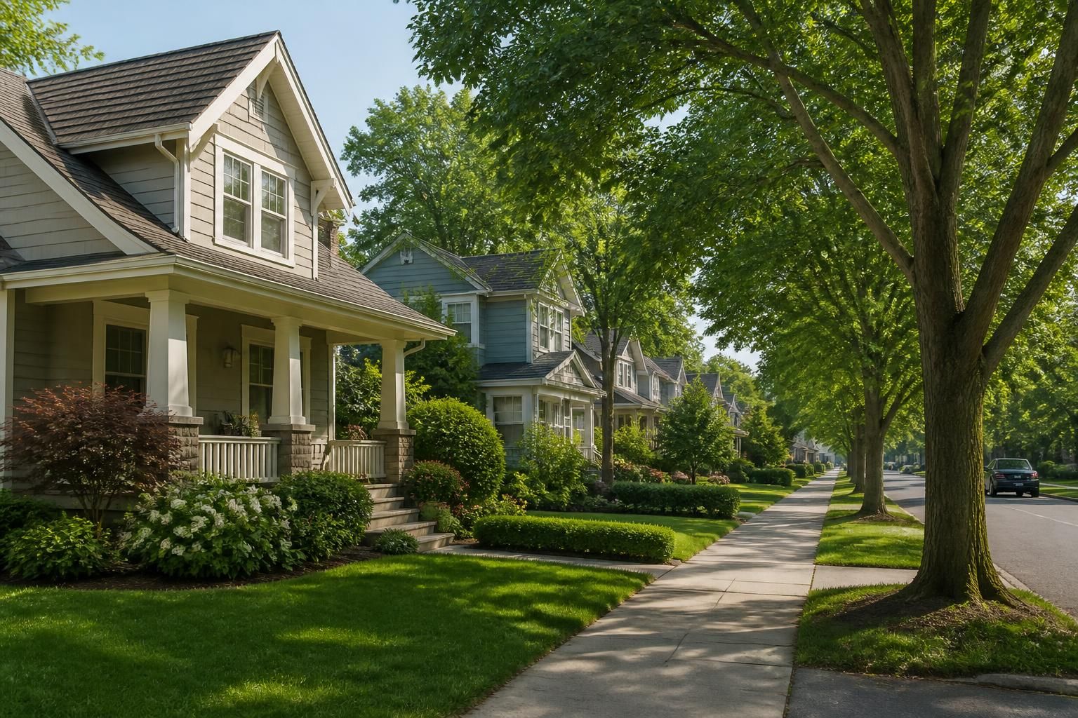 Suburban neighborhood with well-kept homes and lush trees.
