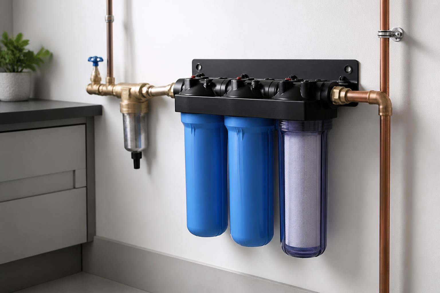 Finished water filtration system with neat plumbing connections.