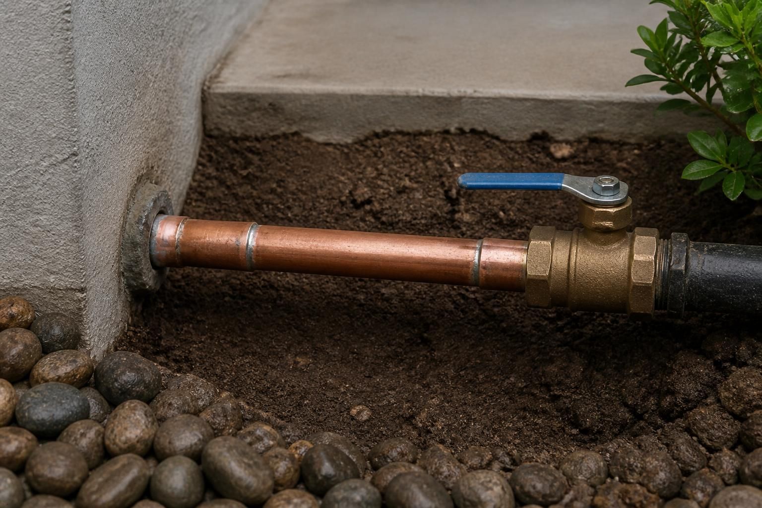 Completed water line repair with clean pipework in a tidy area.