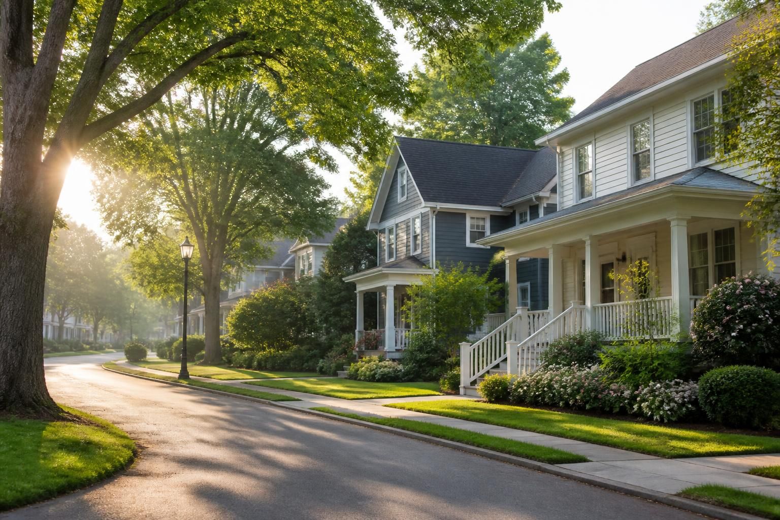 Small-town residential area with neat houses and mature trees.